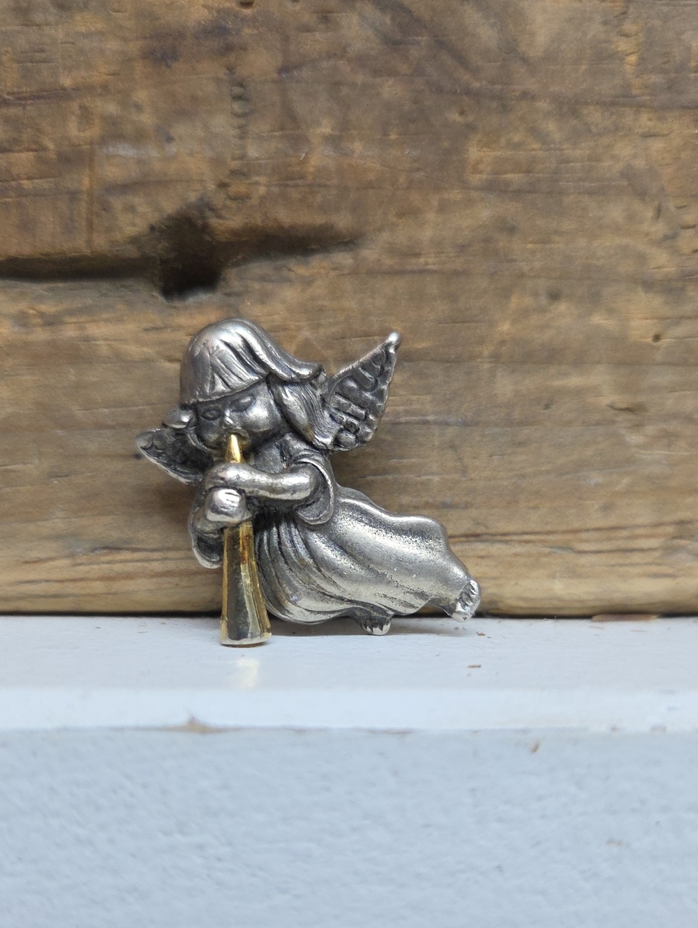 Vintage Daria Pewter Angel Brooch Pin — Cherub Playing Gold-Tone Trumpet Horn